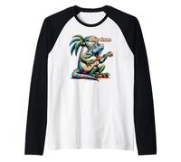Boricua Puerto Rico Iguana Tocando Guitarra Bajo Una Palmera Camiseta Manga Raglan