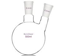 BorinGlass Matraz de Fondo Redondo a Dos Cuellos RBF, Matraz de Destilación de Vidrio 2 Cuellos con Junta Cónica Estándar 24/40, 500 ml
