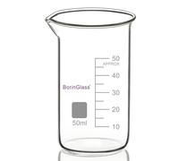 BorinGlass - Pack de 1 vaso medidor de cristal de alto borosilicato (con pico vertedor, graduado, 50 ml, vaso alto de laboratorio)