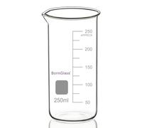 BorinGlass Vaso de precipitados de vidrio de borosilicato alto con pico vertedor, pack de 1, 250 ml, graduado, vaso de precipitados de laboratorio alto