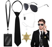 BORISCA 5 Piezas MIB Agente Disfraz Accesorios, Men in Black Disfraz Vigilante Seguridad Incluye Gafas de Sol Negras Brida Auriculares Tarjetero Insignia Espias Accesorios Disfrazes para Hombre Mujer