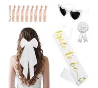 BORISCA Accesorios de novia Jga, 1 pinza para el pelo de tul blanco elegante + 1 corazón gafas de sol perla + 1 banda de novia para ser + 1 insignia + 9 correas de ribete para despedida de soltero y