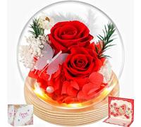 BoriYa Regalo cumpleaños Mujer - Rosa Eterna, Rosas Eternas Natural Preservada en Cristal,Flor Eterna Rosa en Cupula con Luz LED,Rosa Preservada con Tarjeta Regalo 3D, Rosa Eterna Regalo para Mujer