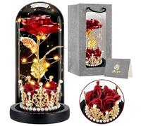 BoriYa Regalo dia de la Madre - Regalos para Mujer, Rosa Eterna con Corona,Roja Flor Eterna con Luz LED, Rose de Cristal en Cupula, la Bella y la Bestia Rosa Regalo, Regalos Originales para Mama,Mujer