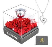 BoriYa Regalos Mujer, Rosa Eterna Natural Preservada, Rosas Eternas con Collar, Flor Eterna con Osito, Caja de Regalo Aniversario Pareja, Regalos Cumpleaños para Mujer Joven Kit