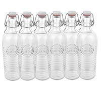 Bormioli Juego de 6 botellas de cristal Officina 1825, con relieve y acanalado, calidad italiana, ideal para conservas, bebidas, fermentación, decoración, Transparente
