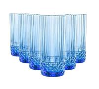 Bormioli Rocco America '20s - Juego de 6 vasos refrigerantes, 16 onzas, cristal de colores, azul zafiro, fabricados en Italia.