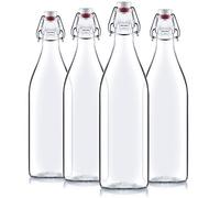 Bormioli Rocco Giara Clear Glass Bottle With Stopper [Set of 4] Swing Top Bottles Great for Beverages, Oil, Vinegar | 33 3/4 oz