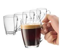 Bormioli Rocco Juego de 6 tazas de café de vidrio, 10¾ onzas con mango práctico, vasos de té para bebidas frías y calientes, resistentes a los golpes térmicos, vidrio templado, para capuchino, latte,