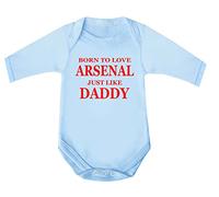 'Born To Love Arsenal Just Like Daddy' Body de manga larga de algodón peinado 100% fino diseñado e impreso en el Reino Unido, azul, 1 mes