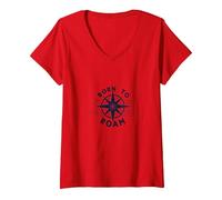 Born to Roam: Diseño de brújula Aventurero para Wanderlusters Camiseta Cuello V, Mujer, Rojo, XL