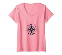 Born to Roam: Diseño de brújula Aventurero para Wanderlusters Camiseta Cuello V, Mujer, Rosado, XL