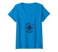Born to Roam: Diseño de brújula Aventurero para Wanderlusters Camiseta Cuello V, Mujer, Zafiro, S