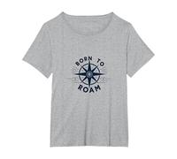 Born to Roam: Diseño de brújula Aventurero para Wanderlusters Camiseta, Mujer Tallas Grandes, Gris Jaspeado, 2XL Grande