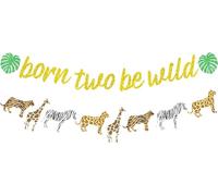 Born Two Be Wild Banner Guirnalda de guepardo con estampado de animales con purpurina dorada, tema de safari en la jungla, decoraciones de fiesta de cumpleaños de dos segundos para niños