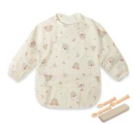 Bornealand Babero Con Mangas Impermeable + Set Precucharas Bebe BLW con Estuche | Baberos Bebe Impermeables para alimentacion complementaria bebe | Bibs | Baberos Impermeáveis Bebé
