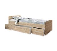 BORO cama individual con 3 cajones de almacenamiento, 90 x 200 cm, práctica litera para habitación juvenil con acabado en roble Sonoma, 95 x 66 x 204 cm (ancho/alto/profundo)