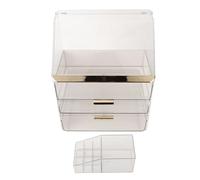 BOROCO Caja de almacenamiento de maquillaje transparente multicapa con soporte para lápiz labial, a prueba de polvo, caja de almacenamiento de cosméticos blanca transparente de 3 capas para el hogar