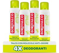Borotalco, Desodorante activo en spray amarillo, talco con moléculas antiolores, eficacia fresca, eficacia 48h, sin alcohol, fragancia de cedro y lima - 4 unidades de 150 ml - Exclusivo de Amazon