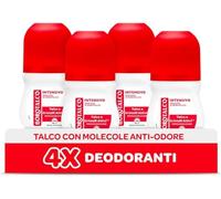 Borotalco, Desodorante intenso en roll-on con talco con cristales activos, transpira sin alcohol, fragancia en polvo, eficacia de 72 horas, 4 unidades de 50 ml, exclusivo de Amazon