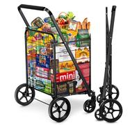 Borstom Carro de Compra Plegable Negro, Chasis de Aluminio Ligero, Carrito de Compra Plegable con Ruedas 360°, Carrito Compra con Capacidad 128kg, Carro de Mercado Grande para Usos Múltiples