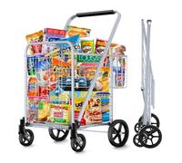 Borstom Carro de la Compra Jumbo Doble Cesta de 160kg Capacidad, Carrito de Supermercado Plegable para Almacenar de Ruedas 360° y Asa Acolchada, Ideal Supermercado y Lavandería