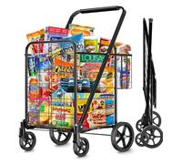 Borstom Carro de la Compra Negro con Doble Cesta con 160KG, Carrito de Compra Plegable con ruedasRuedas Giratorias 360°, Marco Reforzado para Compras Pesadas y Transporte