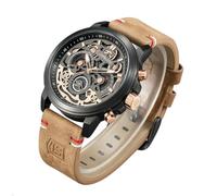 BORUSE Reloj de pulsera para hombre, cronógrafo militar, esfera grande, esqueleto, cuarzo, correa de cuero, analógico, luminoso, calendario, impermeable, para hombre, Negro y marrón, Negocios