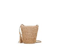 BOSANOVA Bolso Bandolera Estilo Saco para Mujer confeccionado en Rafia con Colgante Decorativo y asa de Cruzar Trenzada. Cierre con Cremallera. Tostado U