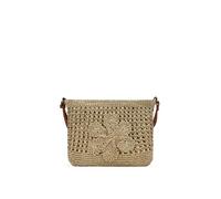 BOSANOVA Bolso Bandolera Rectangular para Mujer en Rafia con Flor Decorativa al Tono y asa de Cruzar Regulable. Cierre con Cremallera. Oro U
