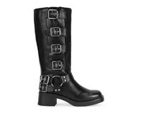 BOSANOVA Botas Altas Estilo Biker confeccionadas con Detalle de argolla metálica y Hebillas Decorativas en la caña y Suela Plana con Ligero tacón de 4.7 cm Sin Cierre. Calzado para Mujer Negro 38