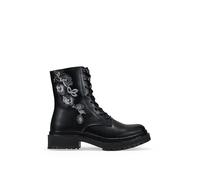 BOSANOVA Botines Militares para Mujer con Bordado Floral en la caña y Suela de Volumen Dentada. Cierre con Cremallera Interior y Cordones Ajustables. Calzado para Mujer Negro 41