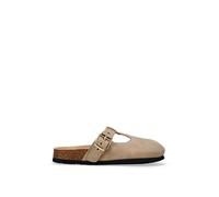 BOSANOVA Zuecos Destalonados Planos para Mujer con Aberturas, Detalle de Hebilla Ajustable y Suela Bio de Corcho de 2.7cm. Sin Cierre. Calzado para Mujer Taupe 39