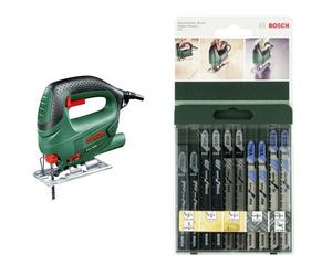 Bosch 0.603.3A0.700 Sierra de calar con maletín 240 V, Negro/Verde 500 W & 2 609 256 746 - Juego de hojas de sierra de calar de 10 piezas vástago en T