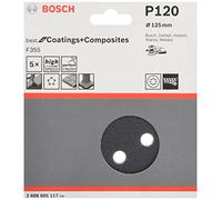 BOSCH Papel de lija F355, paquete de 5 125 mm, 120 2608605117