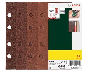 Bosch 2607019495 - Paquete de 25 lijas para lijadoras orbitales (93 x 185 mm, 8 perforaciones, grano 40, 60, 80, 120)