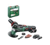 Bosch AdvancedMulti 18 - Multiherramienta a batería con maletín (1 batería 18V, cargador, plato lijador delta, set de hojas de lija, 2x hojas de sierra, empuñadura adicional, Sistema 18 V, 2,5 Ah)