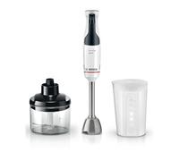 Bosch - Batidora de mano ErgoMaster Serie 4, 600 W, Control de velocidad con una mano, Cuchillas QuattroBlade, Vaso medidor incluido, Blanco, MSM4W220