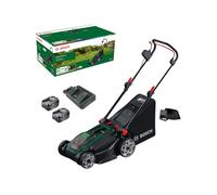 Bosch cortacésped a batería ROTAK18V2-43 (Anchura de Corte: 43 cm, Altura de Corte: 30-75 mm, cesto de Tela de 50 l, tapón para triturado, Incluye 2 baterías de 18V y Cargador)