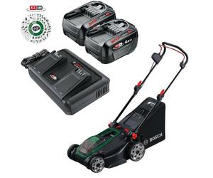 Bosch Cortacésped inalámbrico ROTAK18V2-43 (Ancho de Corte: 43 cm, Altura de Corte: 30-75 mm, Bolsa de césped de Tela de 40 l, Enchufe de mantillo, Incluye 2 baterías de 18 V y Cargador)