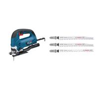 Bosch GST90BE1 - Sierra eléctrica (24 voltios) + 3 x Set de hojas de sierra de calar Expert Wood 2-Side Clean, para Contrachapado, Tablero para mobiliario de madera maciza, Longitud 117 mm, Accesorios