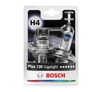 Bosch H4 Plus 120 Gigalight, Lámparas Halógenas para Faro Delantero, 12 V 60/55 W, 120% Más Luz - Casquillo Tipo P43t - Recambio de Luz para Coche, Paquete de 2 Lámparas