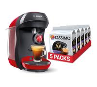 Bosch Hogar TAS1003 TASSIMO Happy Cafetera de cápsulas, 1400 W, color rojo y negro y TASSIMO L'Or Café Lungo Profondo - 5 paquetes de 16 cápsulas: Total 80 unidades