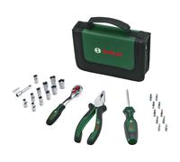 Bosch Mobility Juego de herramientas manuales, 26 piezas (kit de herramientas compacto y portátil para tareas de bricolaje;carraca de 1/4"; alicate combinado; destornillador universal; en bolsa tela)