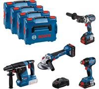Bosch Professional 18V System GSR 18V-110 C + GDX 18V-210 C + GWS 18V-10 + GBH 18V-24 C - Set atornillador +llave impacto +amoladora +martillo (2 bat. ProCORE 5.5 Ah, 1 bat. ProCORE 4.0 Ah, L-BOXX)