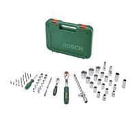 Bosch Juego de carracas 1/4" + 1/2", 57 piezas (para bricolaje; 55 accesorios; alto par; botón bloqueo; interruptor dirección; cuello curvado; empuñadura ergonómica; maletín)