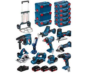 BOSCH Kit 18V BK1002 (GST 18V-LI S +GKS 18V-LI +GBH 18V-21 +GWS 18-125V-LI +GSR 18V-55 +GSA 18V-LI C +GDX 18V-180 +GLI 18V-300 +GHO 18V-LI +GSS 18V-10 + 3 Baterías 5,0Ah + Cargador + 8xL-Boxx + Carro)