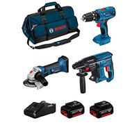 BOSCH Kit 18V BK304BAG (Martillo Perforador GBH 18V-21 + Taladro Percutor GSB 18V-21 + Amoladora GWS 18-125 V-LI + 2 Baterías de 4,0 Ah + Cargador + Bolsa)