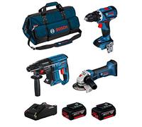 BOSCH Kit 18V BK307BAG (Taladro Atornillador GSR 18V-60 C + Amoladora GWS 18-125 V-LI + Martillo Perforador GBH 18V-21 + 2 Baterías de 5,0 Ah + Cargador + Bolsa)