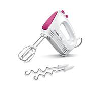 Bosch MFQ2210P - Batidora de mano, 2 varillas y 2 ganchos para amasar de acero inoxidable, apto para lavavajillas, 4 niveles, 375 W, color blanco/rosa